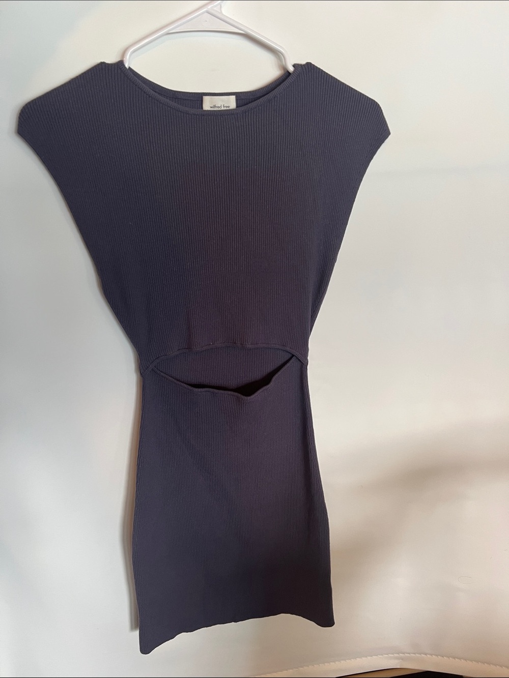 Wilfred Navy Ribbed Mini Dress with Midriff Cutout